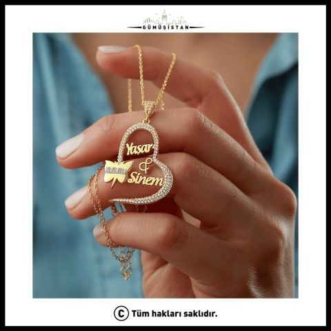 925 Ayar Gümüş İsimli Tarihli Kelebekli Kalp Kolye