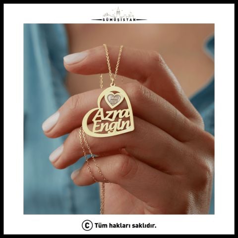 Kişiye Özel İki İsimli Kalp Kolye – Tarihli Çift ve Sevgili Kolyesi