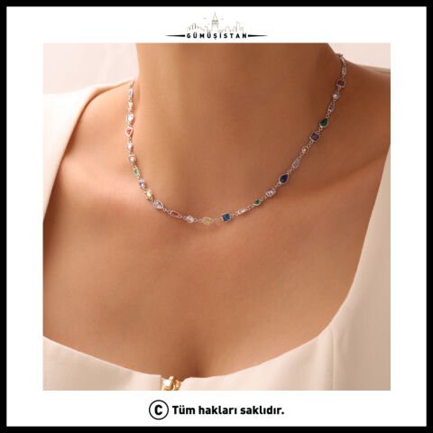 925 Ayar  Gümüş Mix Taşlı Zircon Salaş Kolye