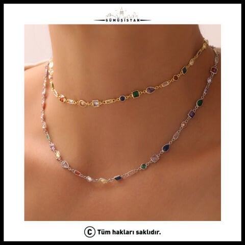 925 Ayar  Gümüş Mix Taşlı Zircon Salaş Kolye