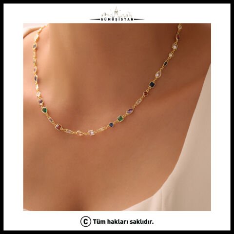 925 Ayar  Gümüş Mix Taşlı Zircon Salaş Kolye