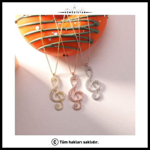 925 Ayar Gümüş Taşlı Sol Anahtarı Kolye – Müzik Temalı Zarif Kadın Kolyesi