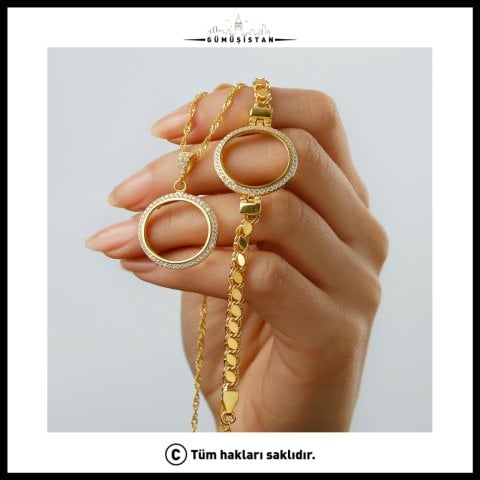 925 Ayar Gümüş Çeyrek Altın İçin Pullu Zincir Bileklik & Kolye Set