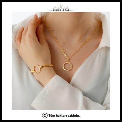 925 Ayar Gümüş Çeyrek Altın İçin Pullu Zincir Bileklik & Kolye Set
