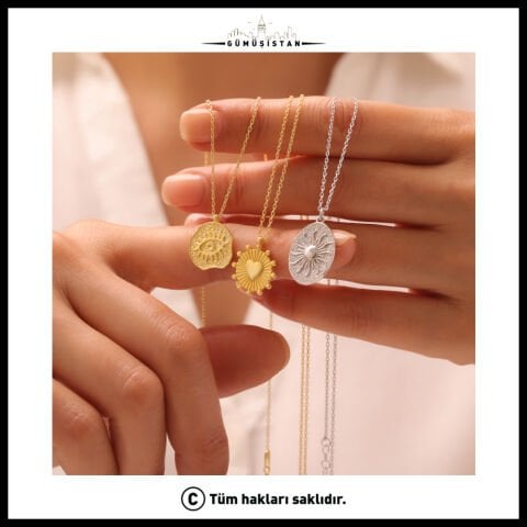 925 Ayar Gümüş Sembol Kalp Nazar Güneş Kolye