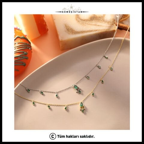 925 Ayar Gümüş Zümrüt Taşlı Salaş Kolye