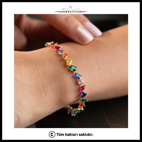 925 Ayar Gümüş Renkli Taşlı Su Yolu Bileklik – Multicolor Zirkon Kadın Bilekliği