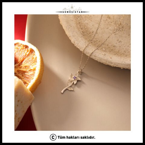 925 Ayar Gümüş Menekşe & Şubat Doğum Taşı Kolyesi