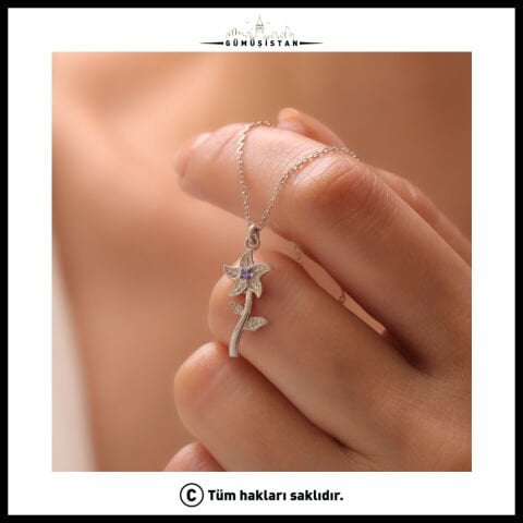 925 Ayar Gümüş Menekşe & Şubat Doğum Taşı Kolyesi