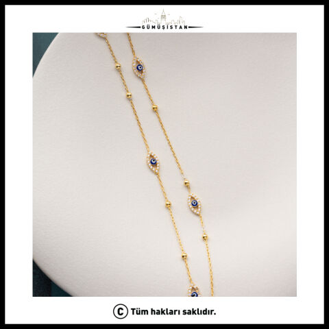925 Ayar Gümüş Nazar Boncuklu Çift Zincir Bileklik – Zirkon Taşlı Gold Kadın Bileklik