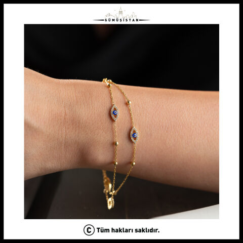 925 Ayar Gümüş Nazar Boncuklu Çift Zincir Bileklik – Zirkon Taşlı Gold Kadın Bileklik