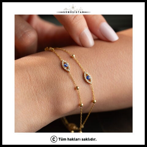 925 Ayar Gümüş Nazar Boncuklu Çift Zincir Bileklik – Zirkon Taşlı Gold Kadın Bileklik