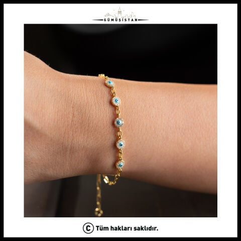 925 Ayar Gümüş Zirkon Taşlı 5’li Nazar Boncuklu Gold Zincir Kadın Bilekli