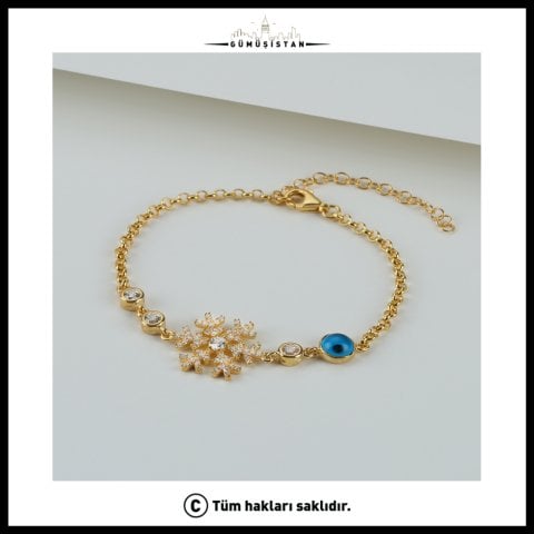 Kar Tanesi ve Nazar Boncuklu Bileklik – Zirkon Taşlı 925 Ayar Gümüş Kadın Bileklik
