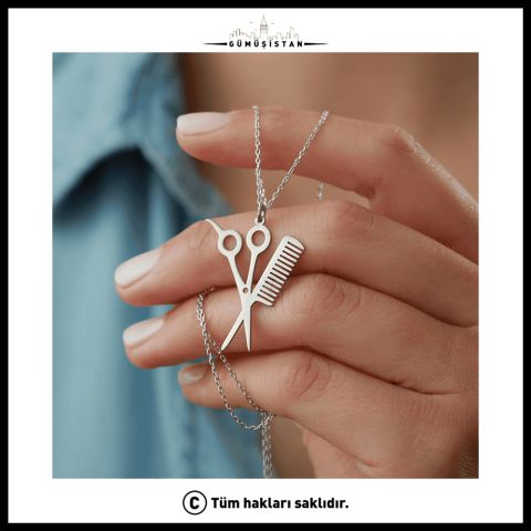 925 Ayar Gümüş Makas Tarak Kolye – Kuaför ve Berber Meslek Kolyesi