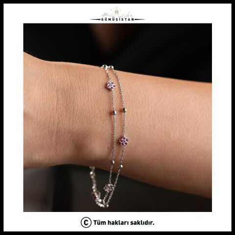 925 Ayar Gümüş Pembe Zirkon Taşlı Çiçek Figürlü Çift Zincir Kadın Bilekli