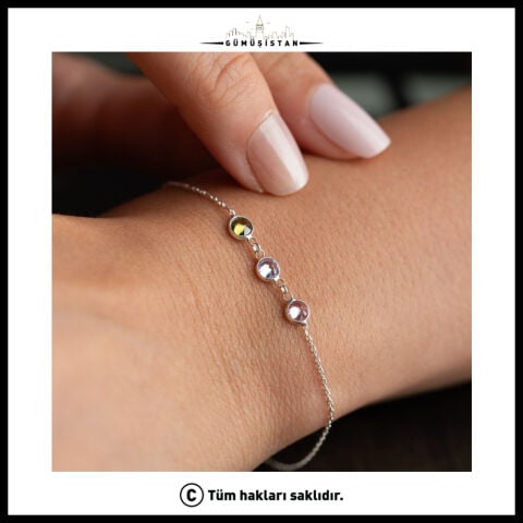 925 Ayar Gümüş Üç Renk Taşlı Minimal Kadın Bileklik