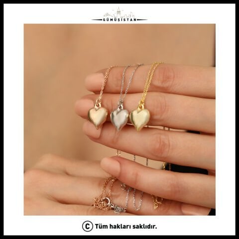 925 Ayar Gümüş Kalp Kolye – Minimal Bombeli Kalp Uçlu Kadın Kolyesi