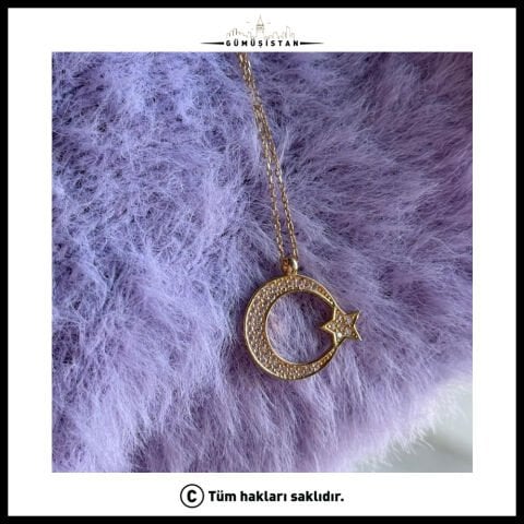925 Ayar Gümüş Zirkon Taş detaylı Ay Yıldız Kolye
