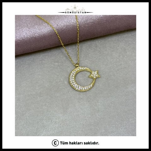 925 Ayar Gümüş Zirkon Taş detaylı Ay Yıldız Kolye