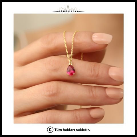 925 Ayar Gümüş Kırmızı Taşlı Damla Kolye