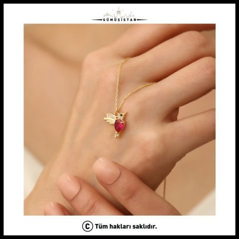 925 Ayar Gümüş Kırmızı Taş Serçe Kolye