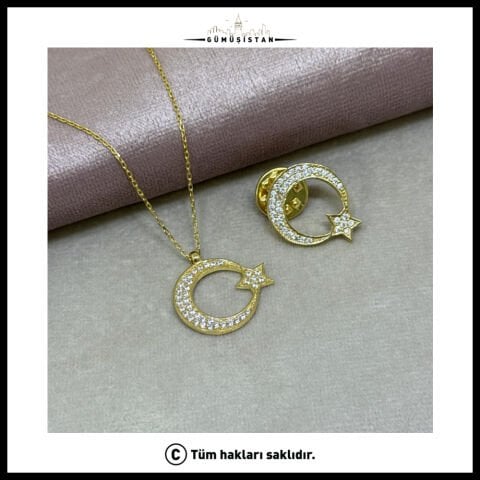 925 Ayar Gümüş Zirkon Taş Detaylı Ay Yıldız Kolye+Rozet Set