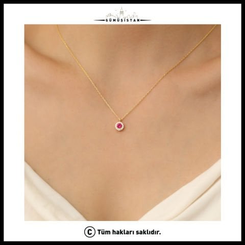925 Ayar Gümüş Pembe Taş Minimal Kolye