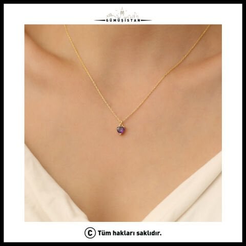 925 Ayar Gümüş Mor Kalp Taşlı Kolye – Minimal Ametist Renkli Kadın Kolyesi