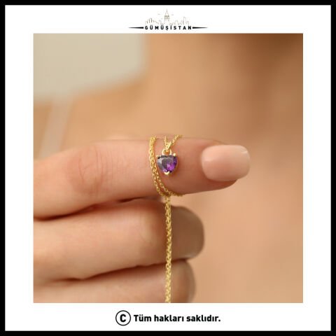 925 Ayar Gümüş Mor Taşlı Minimal Kolye