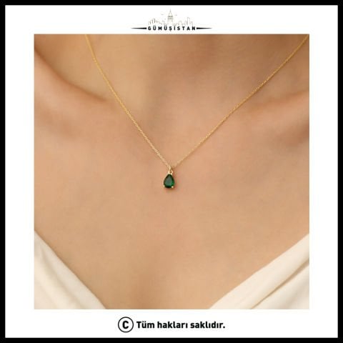 925 Ayar Gümüş Yeşil Taşlı Damla Kolye