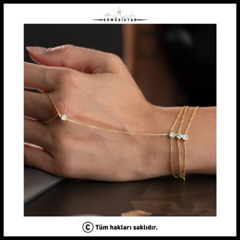 925 Ayar Gümüş Zirkon Taşlı Üç Sıra Şahmeran El Bilekliği Gold
