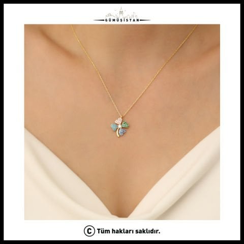 925 Ayar Gümüş Renkli Yonca Kolye