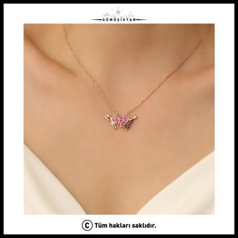 925 Ayar Gümüş Pembe Kalp Detaylı Çift Kolye