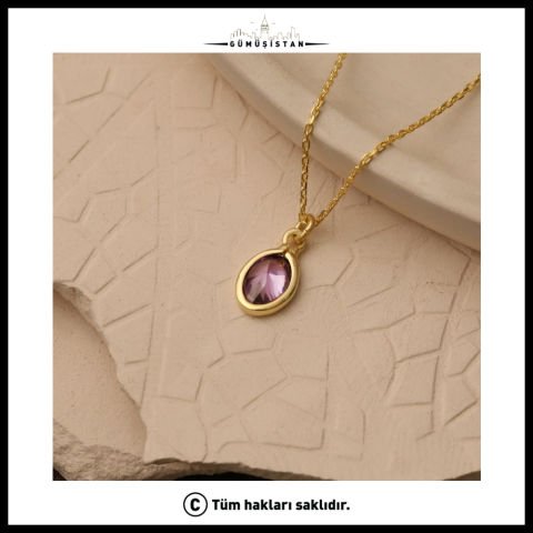 925 Ayar Gümüş Mor Taşlı Damla Kolye