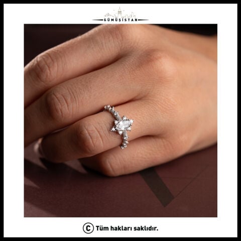 925 Ayar Gümüş Markiz Zirkon Taşlı Ayarlanabilir Vintage Kadın Yüzük