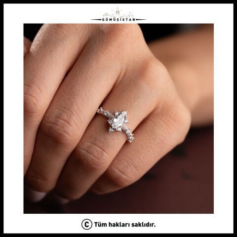 925 Ayar Gümüş Markiz Zirkon Taşlı Ayarlanabilir Vintage Kadın Yüzük