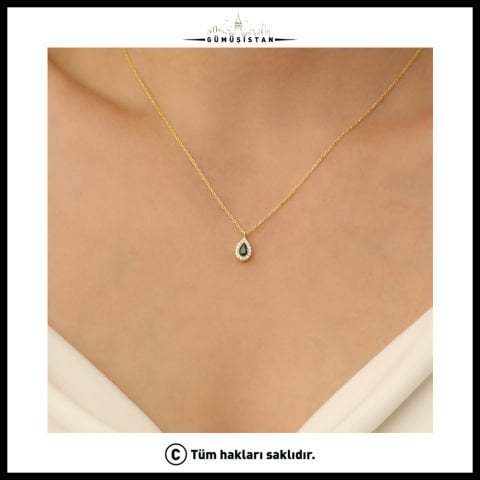 925 Ayar Gümüş Yeşil Taşlı Damla Kolye