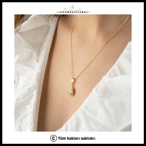 Oval Zirkon Taşlı Kolye Küpe Seti – 925 Ayar Gümüş Gold Kaplama Takı Seti