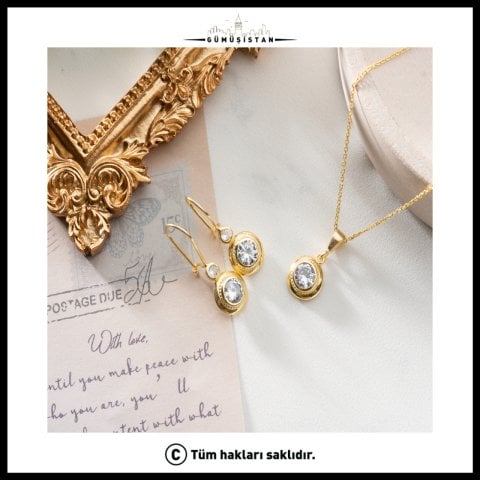 Oval Zirkon Taşlı Kolye Küpe Seti – 925 Ayar Gümüş Gold Kaplama Takı Seti