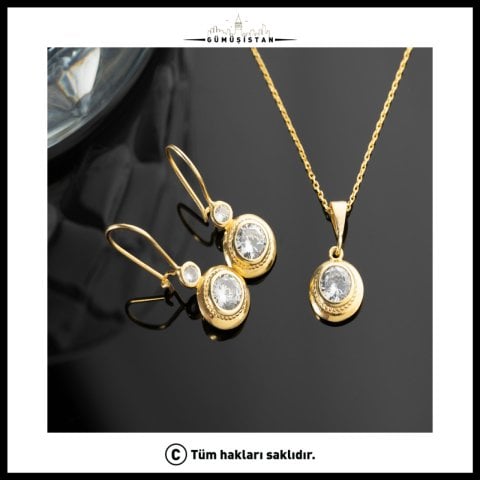 Oval Zirkon Taşlı Kolye Küpe Seti – 925 Ayar Gümüş Gold Kaplama Takı Seti