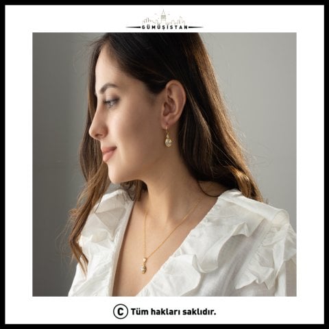 Oval Zirkon Taşlı Kolye Küpe Seti – 925 Ayar Gümüş Gold Kaplama Takı Seti