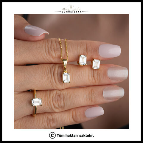 925 Ayar Gümüş Baget Zirkon Taşlı Gold Kaplama Kolye Küpe Yüzük Takı Seti