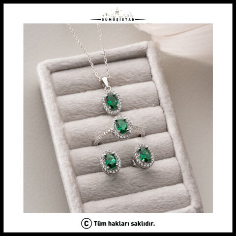 925 Ayar Gümüş Zümrüt Yeşili Oval Zirkon Taşlı Kolye Küpe Yüzük Takı Seti