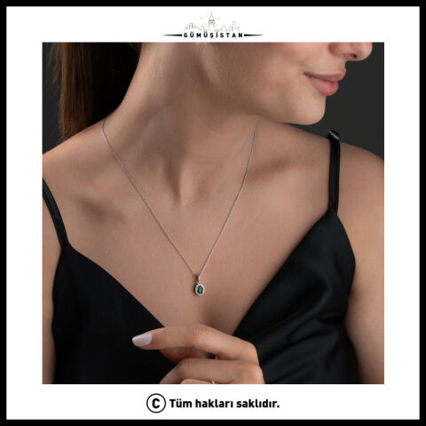 925 Ayar Gümüş Zümrüt Yeşili Oval Zirkon Taşlı Kolye Küpe Yüzük Takı Seti