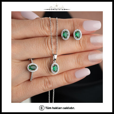 925 Ayar Gümüş Zümrüt Yeşili Oval Zirkon Taşlı Kolye Küpe Yüzük Takı Seti