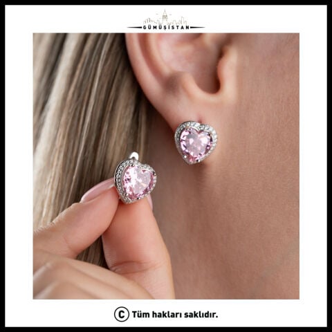 925 Ayar Gümüş Pembe Kalp Zirkon Taşlı Işıltılı Kadın Küpe