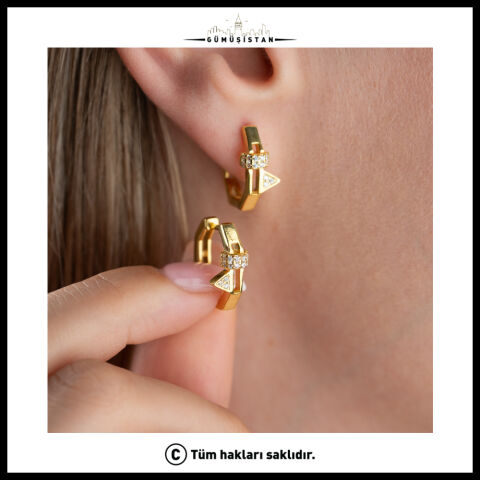 925 Ayar Gümüş Gold Geometrik Zirkon Taşlı Halka Küpe