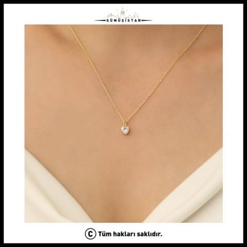 925 Ayar Gümüş Beyaz Taş Minimal Kalp Kolye