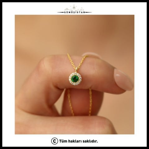 925 Ayar Gümüş Yeşil Taşlı Halka Kolye